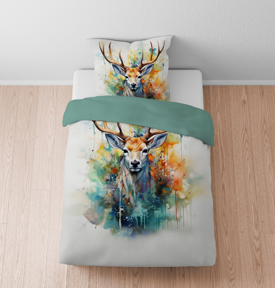 Biberna Renforcé Digitaldruck Bettwäsche "Hirsch" 135 x 200 cm Natur - Bunt