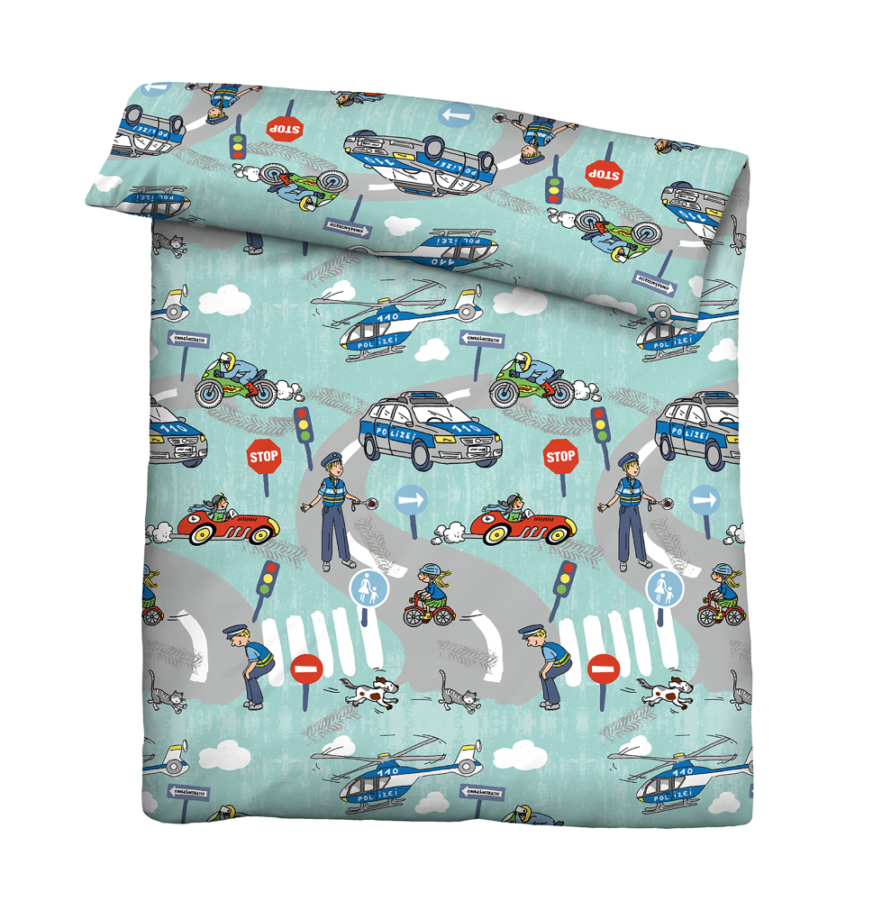 Preview: Biberna Feinbiber Kinder - Bettwäsche 'Polizei' 135 x 200 cm Türkis