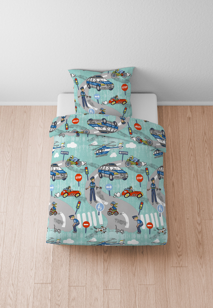 Preview: Biberna Feinbiber Kinder - Bettwäsche 'Polizei' 135 x 200 cm Türkis