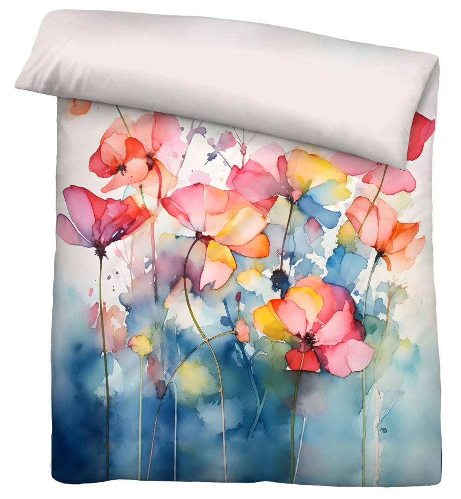 Preview: Biberna Tencel Bettwäsche 'Aquarell Blumen' 135 x 200 cm Taubenblau