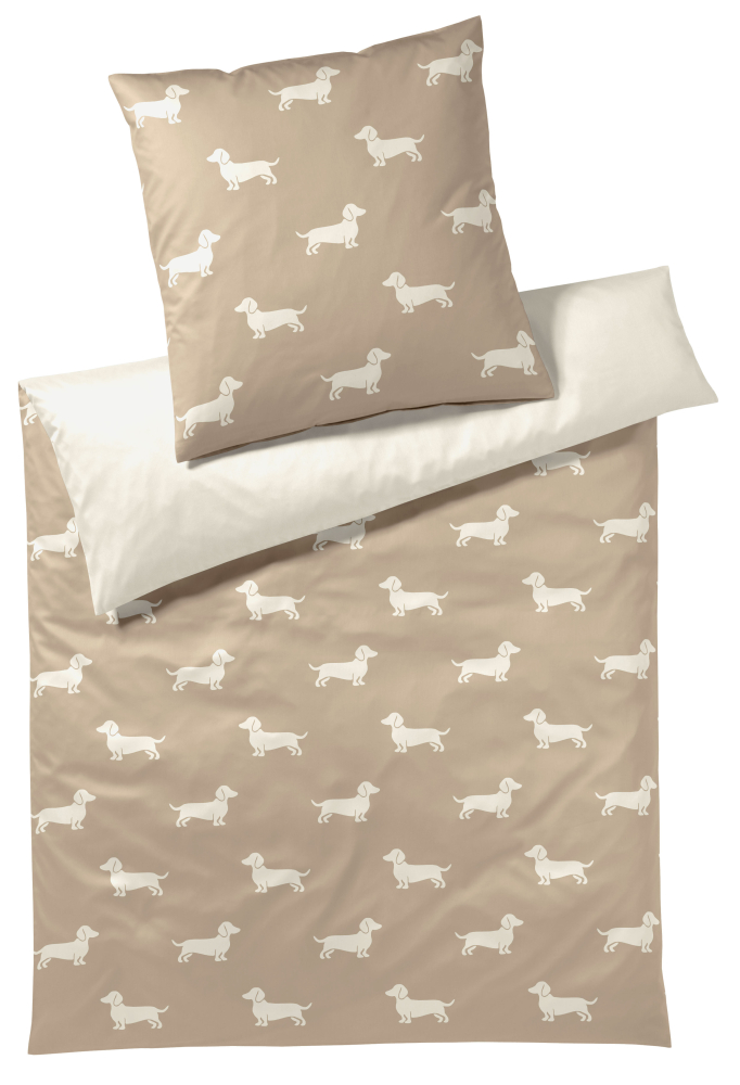 elegante Mako-Satin Bettwäsche 'Dogs' 135 x 200 cm Natur - Beige