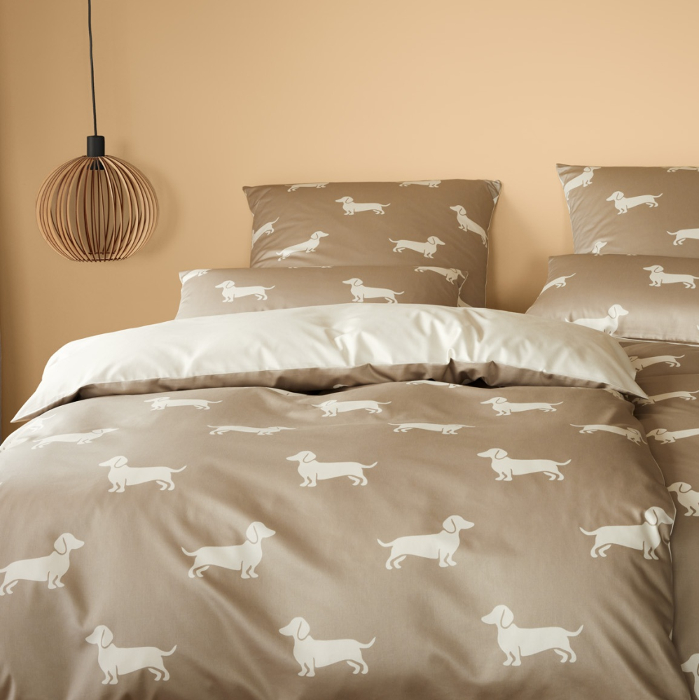 elegante Mako-Satin Bettwäsche 'Dogs' 135 x 200 cm Natur - Beige