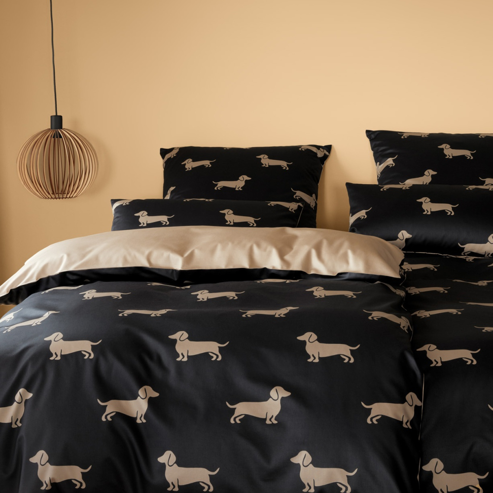 elegante Mako-Satin Bettwäsche 'Dogs' 135 x 200 cm Schwarz - Beige