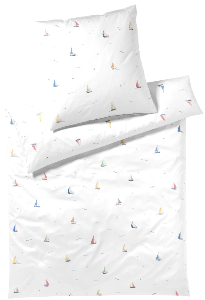 Preview: elegante Mako-Satin Bettwäsche 'Sail Away' 135 x 200 cm Weiß