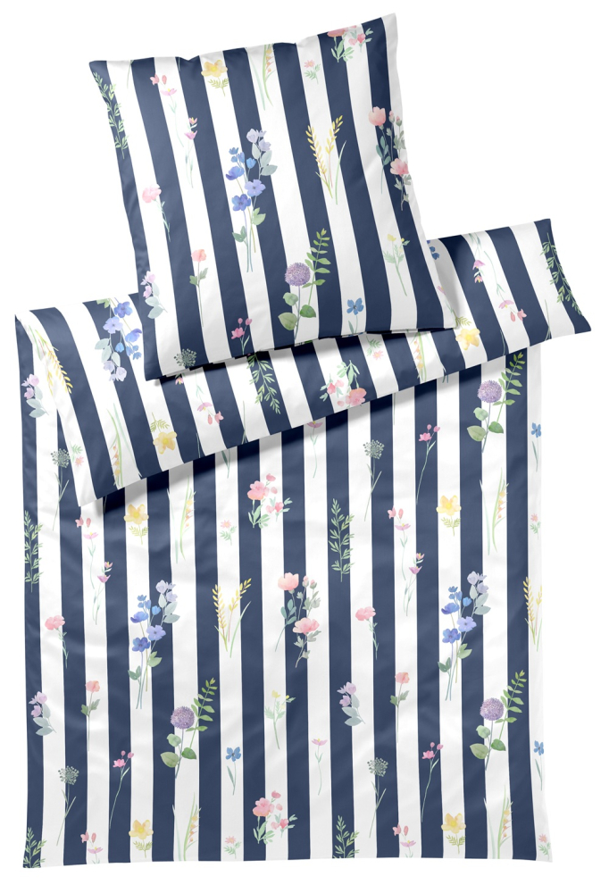 Preview: elegante Mako-Satin Bettwäsche 'Flowerstripe' 135 x 200 cm Marine
