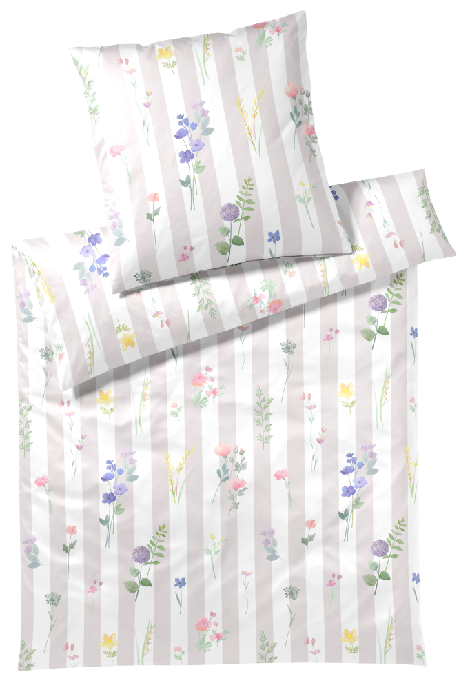 Preview: elegante Mako-Satin Bettwäsche 'Flowerstripe' 135 x 200 cm Natur