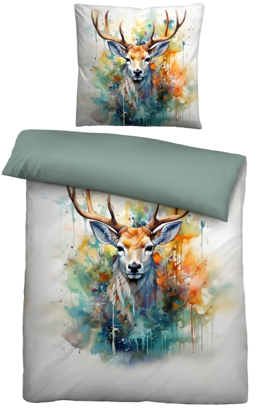Biberna Renforcé Digitaldruck Bettwäsche "Hirsch" 135 x 200 cm Natur - Bunt