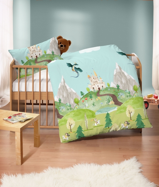 Biberna Renforcé Kinder - Bettwäsche "Ritterburg" 100 x 135 cm Pistaziengrün