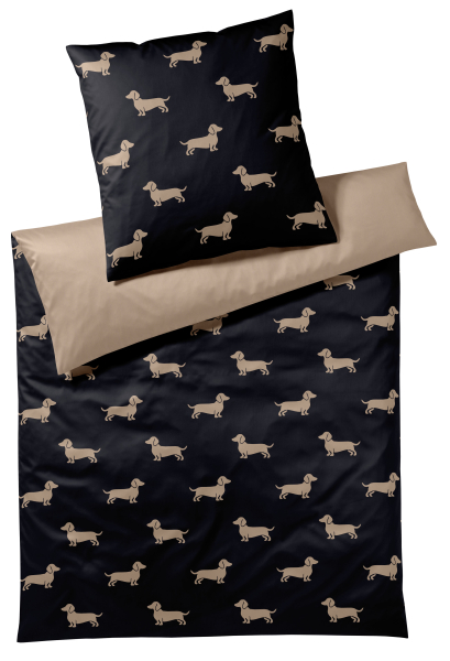 elegante Mako-Satin Bettwäsche 'Dogs' 135 x 200 cm Schwarz - Beige