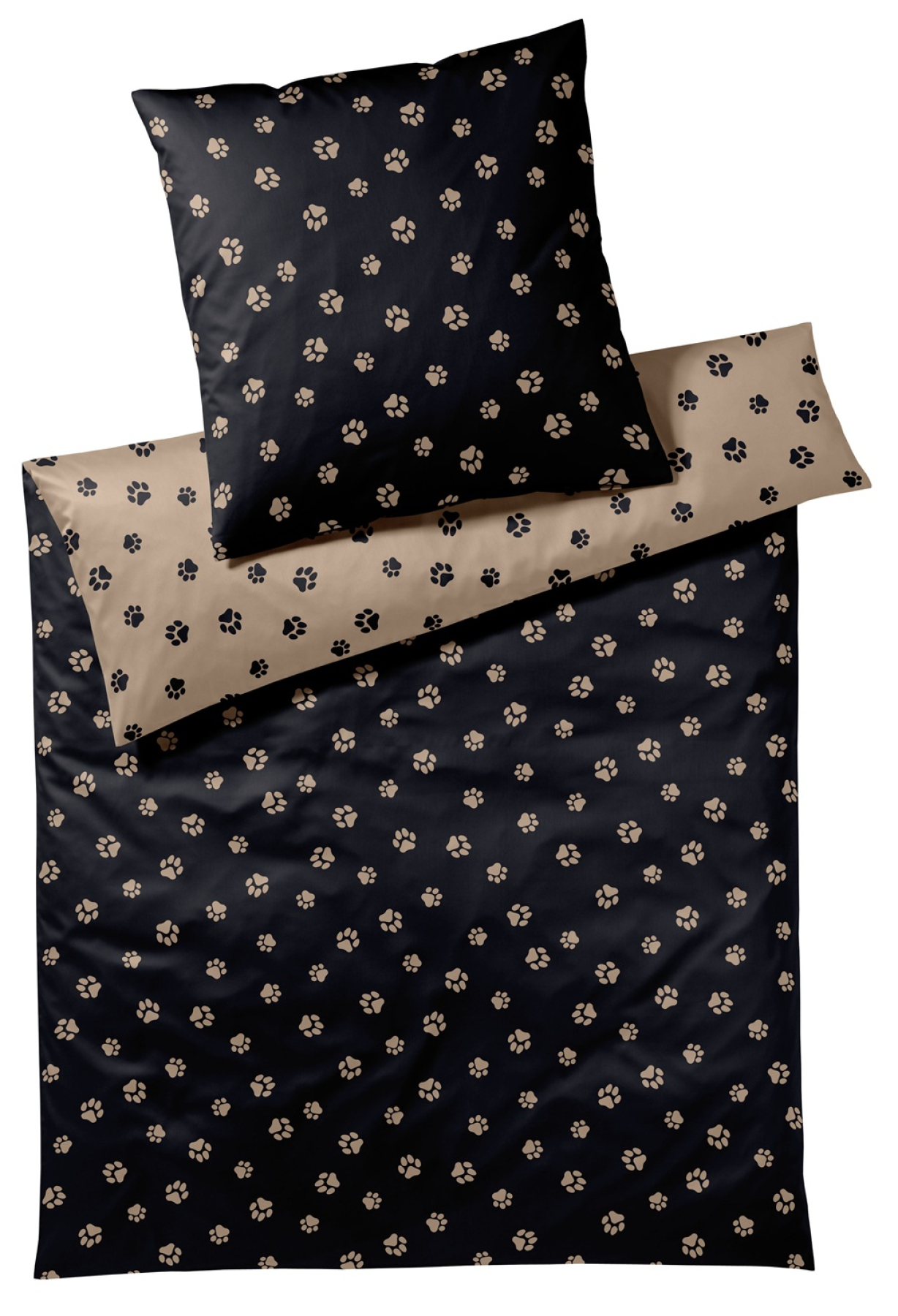 elegante Mako-Satin Bettwäsche 'Paws' 135 x 200 cm Schwarz - Beige